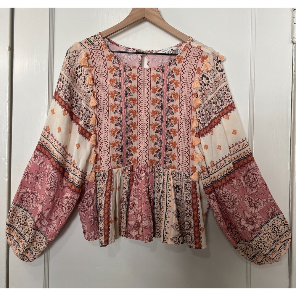 American Eagle Boho Tassel Embroidered Floral Peasant Top - Women's S